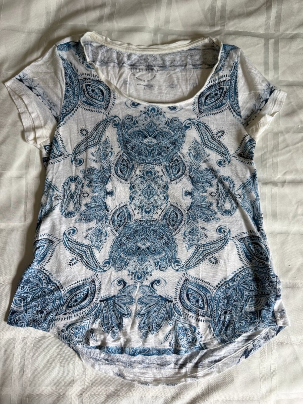 Lucky Brand T Shirt Top Blue White Paisley Floral Cotton Short Sleeve Women S